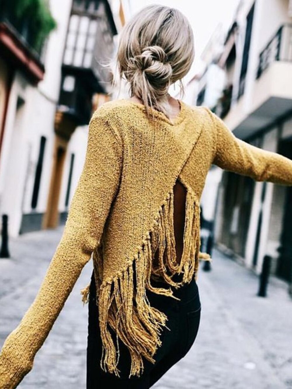 A.L.C. 100% Silk Andreas Fringe Mustard Yellow Boho Sweater Split Tassel XS $365